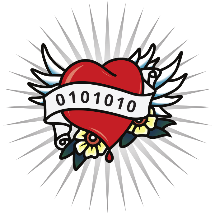 Illustriertes Logo der Heart of Code. Ein Herz mit Flügeln und Blumen im Hintergrund und einer Schriftrolle mit einer Binärfolge im Vordergrund.